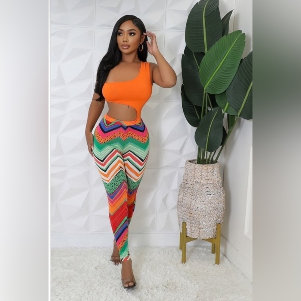 Women’s Orange 2-Piece Bodysuit Multi Color Design Leggings Pants
